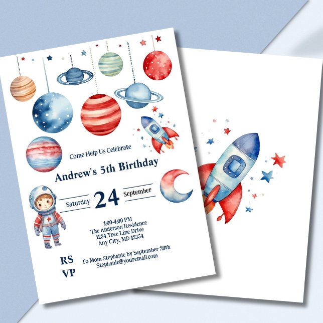 Convites Crianças Espaciais Planetas Astronautas Red Blue B (Space astronaut rockets planets boys birthday invitation, Red blue, Printed Digital)