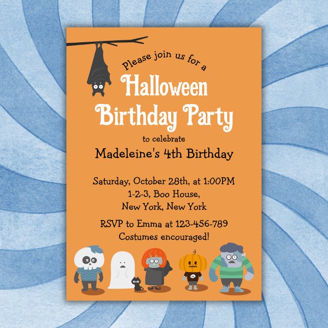 Convites Crianças, Festa de aniversário de Dia das Bruxas (Kids Cute Halloween Birthday Party Invitation. Kids birthday party, Halloween Party. Orange.)