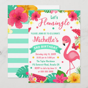 Convites Crianças Fofas Flamingo Tropical Verão Aniversário