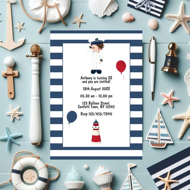 Convites Crianças - Foto de Festa de aniversário Náutica Pe (Kids Custom Nautical Sailor Birthday Party Photo Invitation)