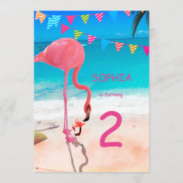 Convites Crianças Gatas Rosa Azul Flamingo Beach Birhtday
