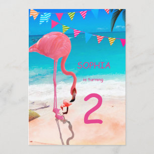 Convites Crianças Gatas Rosa Azul Flamingo Beach Birhtday
