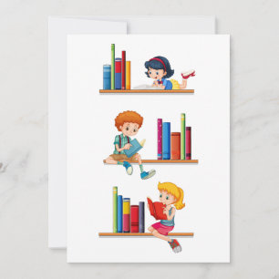 Convites Crianças Lendo Livros na Prateleira