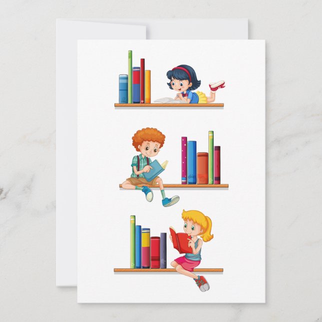 Convites Crianças Lendo Livros na Prateleira (Frente)