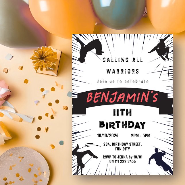 Convites Crianças Parkour Obstacle Course Party Aniversário (Kids Parkour Obstacle Course Party Birthday Invitation)