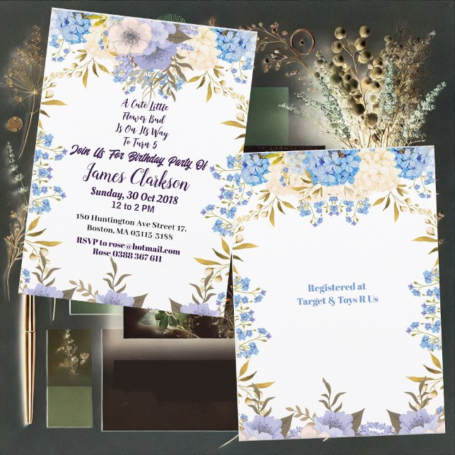 Convites Crianças Pastel Blue Pequena Flor Bud Floral Anive (Kids Pastel Blue Little Flower Bud Floral Birthday Invitation)