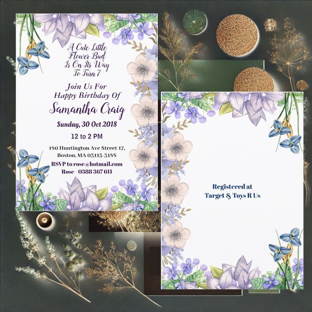 Convites Crianças Pastel Blue Pequena Flor Bud Floral Anive (Kids Pastel Blue Little Flower Bud Floral Birthday Invitation)