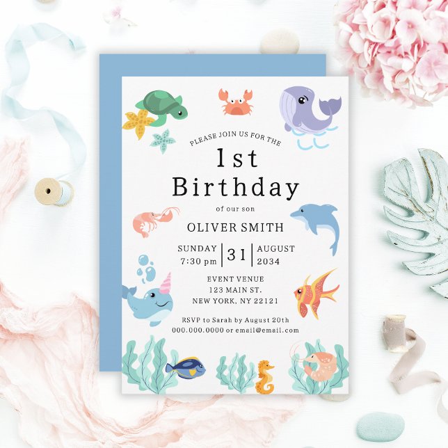 Convites Crianças primeiros aniversarios - Animais do Mar (Kids 1st Birthday Party Sea Animals Invitation
)