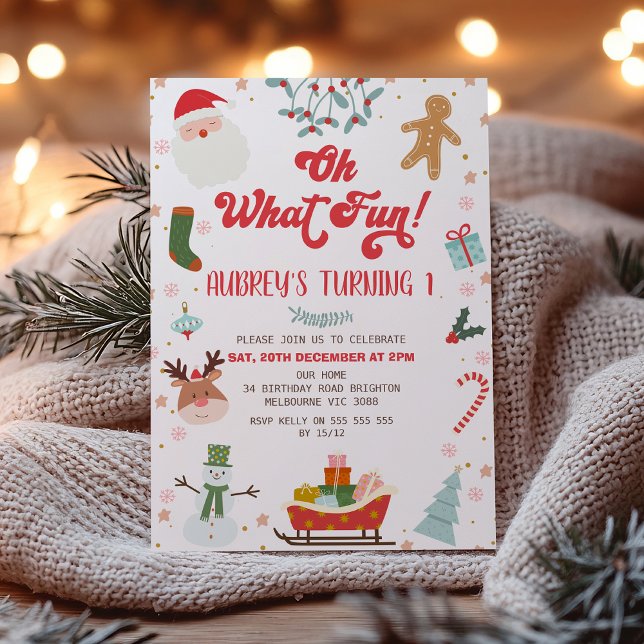 Convites Crianças Que Natal Divertido Pensava Que Era Anive (Oh What Fun Oh Christmas Birthday Party Invitation, Retro 1st Birthday, Winter Holiday, Sleigh, )