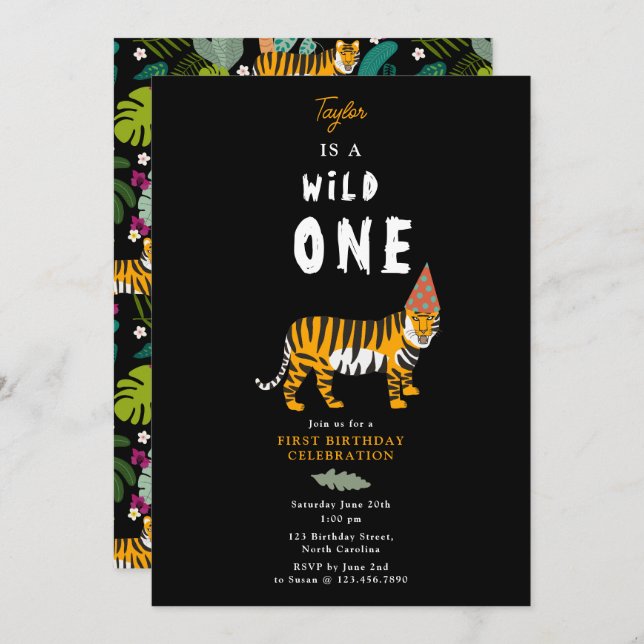 Convites Crianças Safari Da Selva De Tigre Tropical Primeir (Frente/Verso)