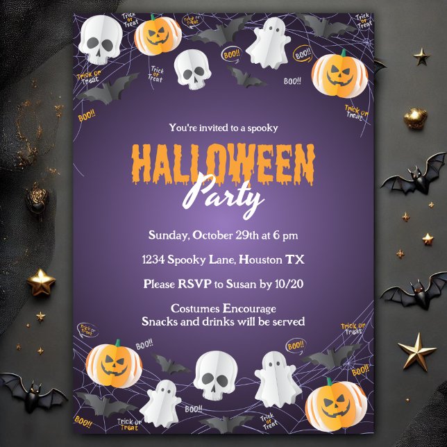 Convites Crianças Spooky Figurino Figurino ou Tratar Dia da (Spooky Kids Costume Party Trick or Treat Halloween Invitation Template)