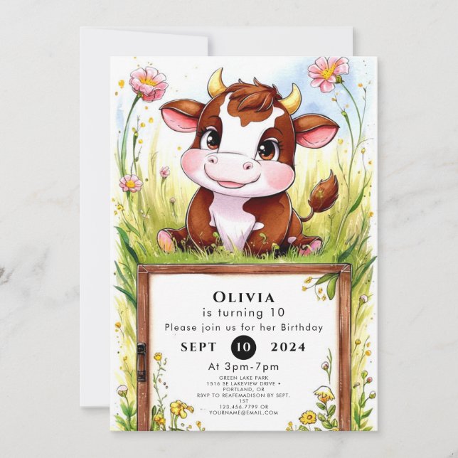 Convites Crianças: Vaca Aquarela (Frente)