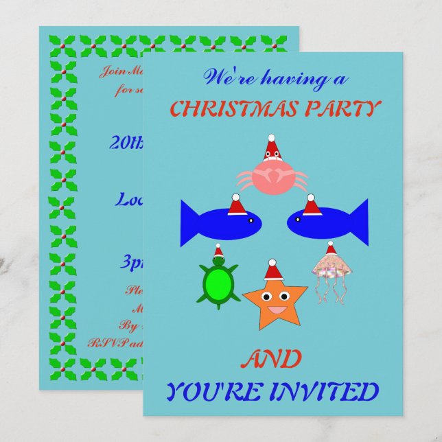 Convites Criaturas do Mar de Natal Personalizadas (Frente/Verso)