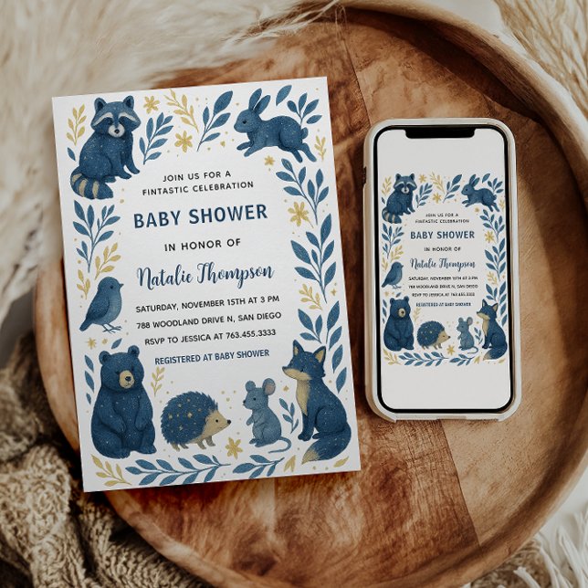 Convites Criaturas Florestais Fofas | Chás de Bebê Rústicos (Cute Woodland Creatures |Rustic Forest Baby Shower Invitation
)