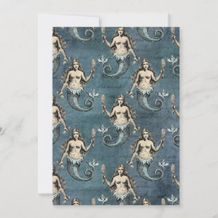 Convites Criaturas Marinhas Sereias Cor Azul Manuscrito