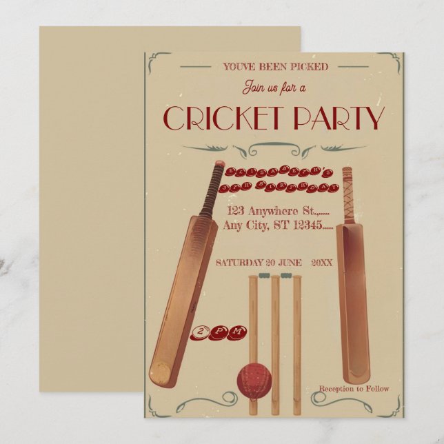 Convites Cricket Birthday Party Sports Invitation (Frente/Verso)