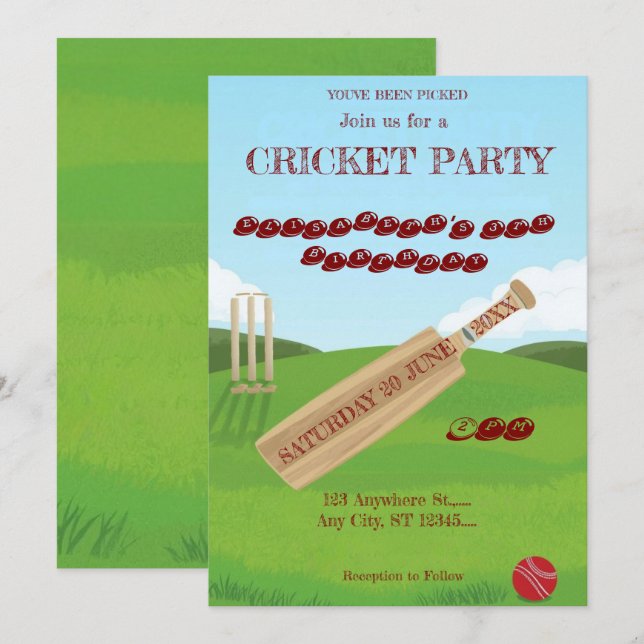 Convites Cricket Birthday Party Sports Invitation (Frente/Verso)