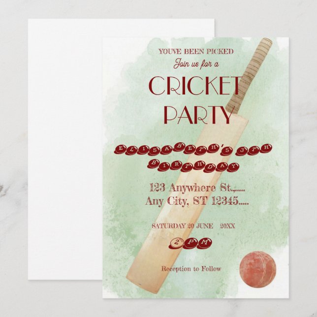 Convites Cricket Birthday Party Sports Invitation (Frente/Verso)