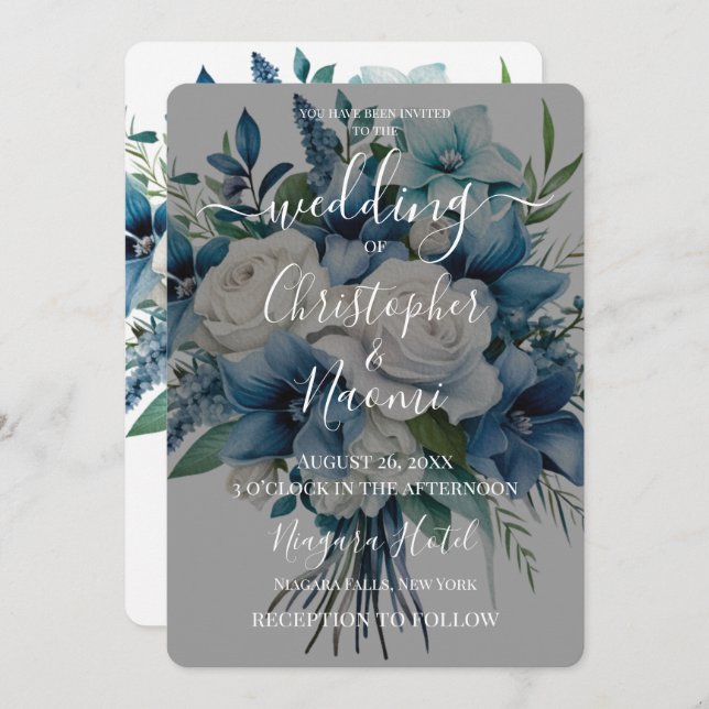 Convites Crie o seu próprio Buquê de Flor Branco Azul Vinta (Frente/Verso)