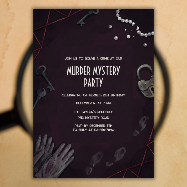 Convites Crime Scene Murder Mystery Birthday Party (Murder Mystery Birthday – Noir Crime Scene, Keys & Pearls, Personalized)