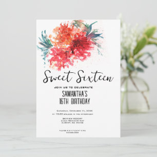 Convites Crimson Floral Sweet 16 Invite - Design de Aquarel