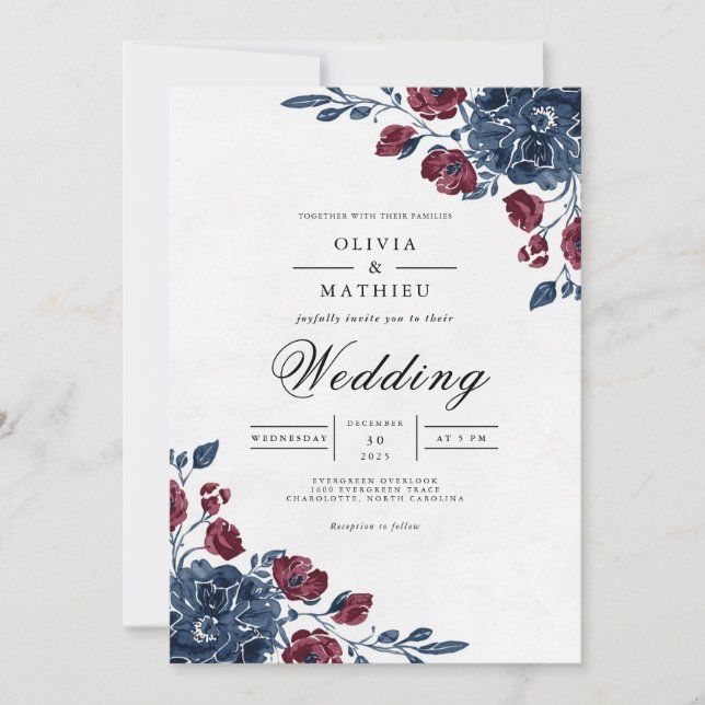 Convites Crimson Navy Floral Archway Wedding (Frente)