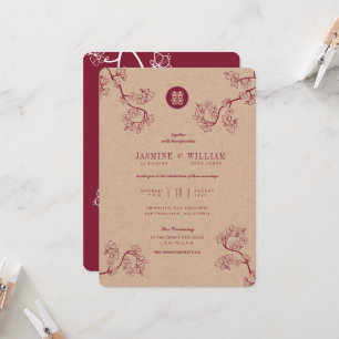 Convites Crimson Peach/Flores de Ameixa Kraft Casamento Chi