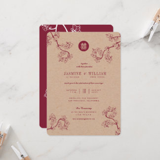 Convites Crimson Peach/Flores de Ameixa Kraft Casamento Chi