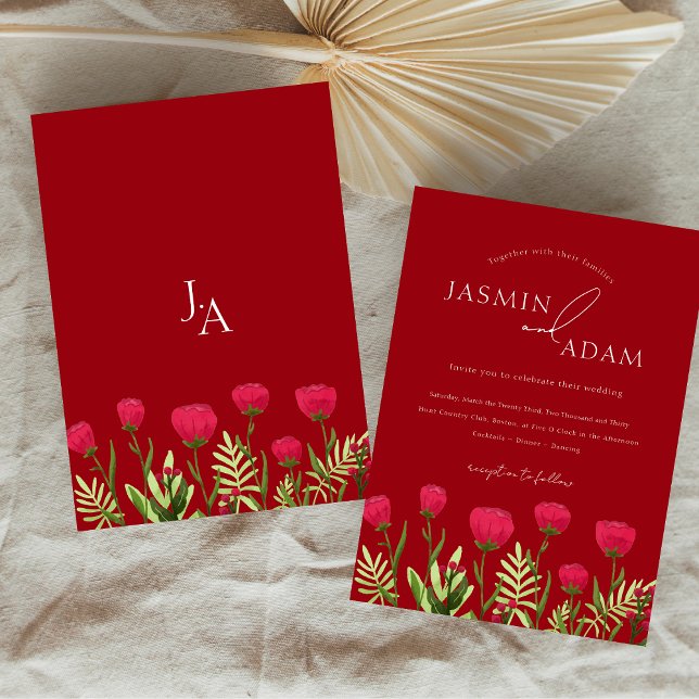 Convites Crimson Red Poppies Casamento Monograma (Crimson Red Poppies Monogram Wedding Invitation)
