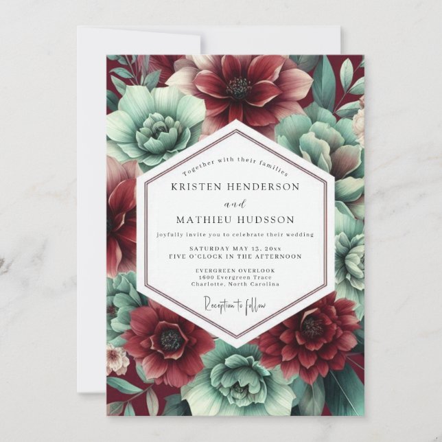 Convites Crimson & Teal Lush Botanical Wedding (Frente)