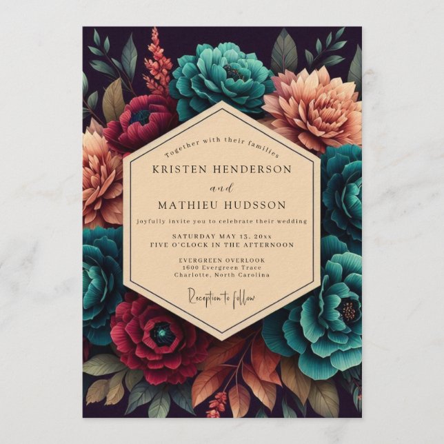 Convites Crimson & Teal Opulent Bloom Wedding (Frente)