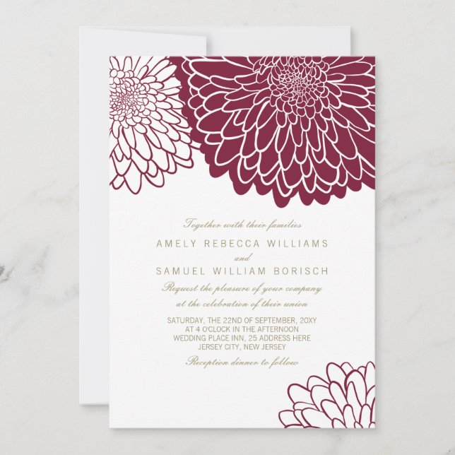 Convites Crisântemo Borgonha Texto Dourado Casamento Simple (Frente)
