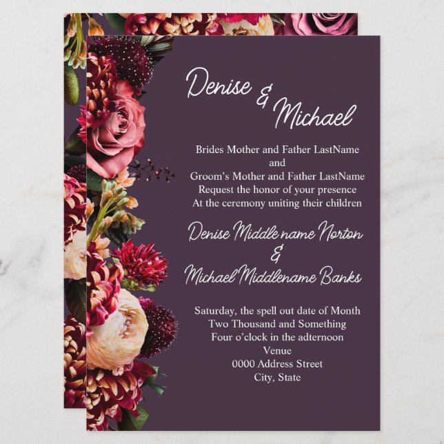 Convites Crisântemo em Ameixa à Meia-Noite (Frente/Verso)