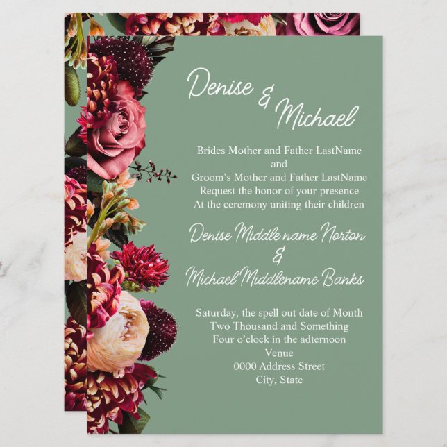 Convites Crisântemo sobre o Verde Basílico (Frente/Verso)