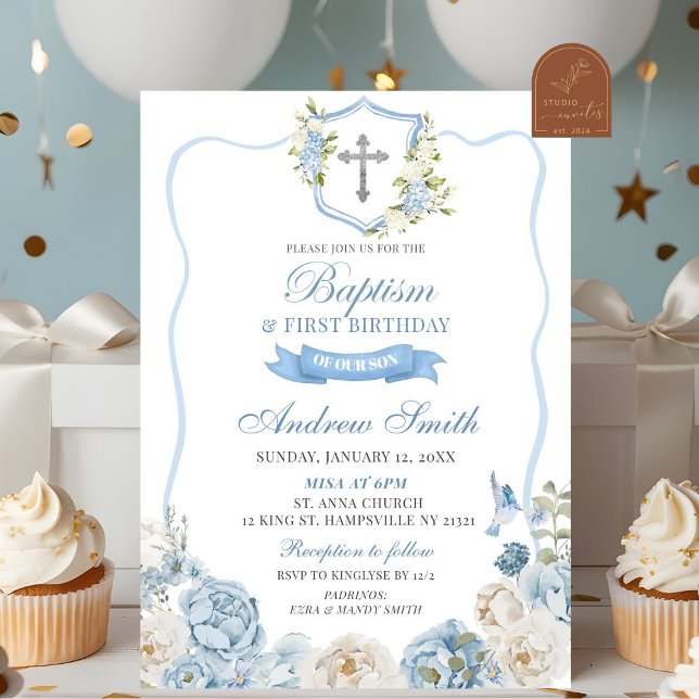 Convites Crista Azul e Floral Batismo & Primeiro Aniversári (Criador carregado)