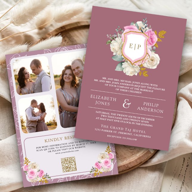 Convites Crista de Casamento Floral Rosa Mauve em Código QR (Criador carregado)
