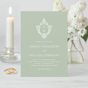 Convites Crista de Casamento Verde Sage Vintage Elegante Mo