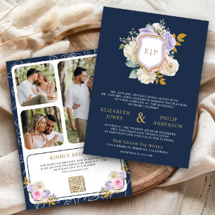 Convites Crista de Código QR Floral Roxo Casamento Azul Mar