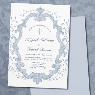 Convites Crista de Folhagem Azul Elegante Casamento Religio