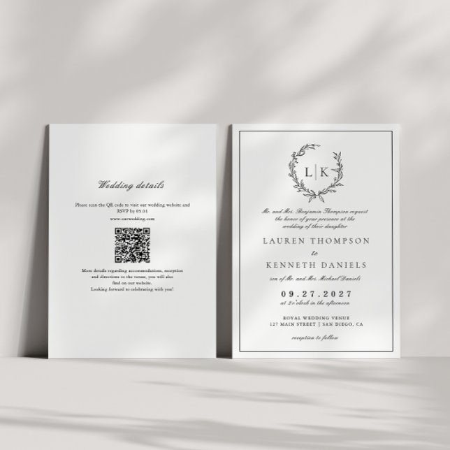 Convites Crista de Monograma de Folha Casamento Código QR P (Criador carregado)