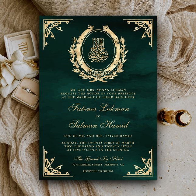 Convites Crista de Ouro Antigo Esmeralda Verde Casamento Mu (Criador carregado)