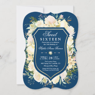Convites Crista Floral de Marfim Azul Naval Sweet Sixteen