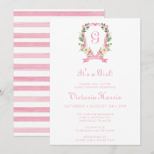 Convites Crista Floral Rosa É Uma Menina Chamada Baby Showe
