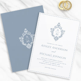 Convites Crista Monograma Azul Empoeirado Formal Elegante C