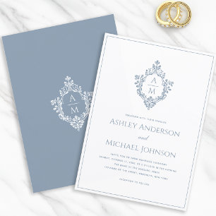 Convites Crista Monograma Azul Empoeirado Formal Elegante C
