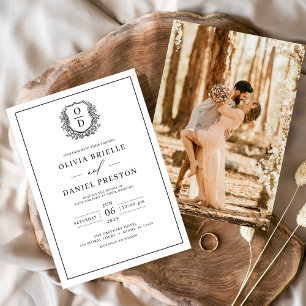 Convites Crista Monograma Branco Preto Folhado Foto Casamen