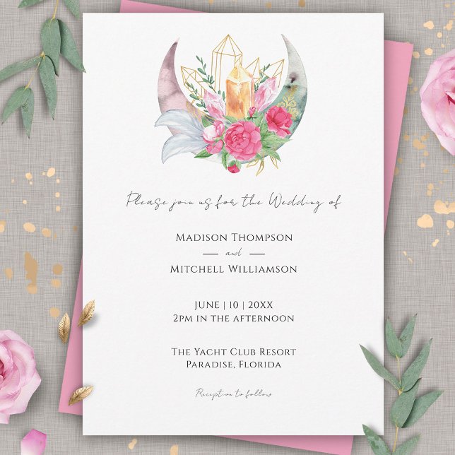 Convites Cristais Penas Flores Rosa Casamento Boho Lua (Criador carregado)