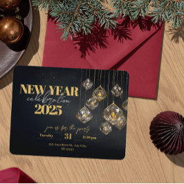 Convites Cristal de Ano Novo Elegante e Lanternas Douradas