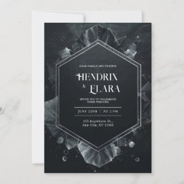 Convites Cristal Preto Prateado Hexágono Moderno Casamento