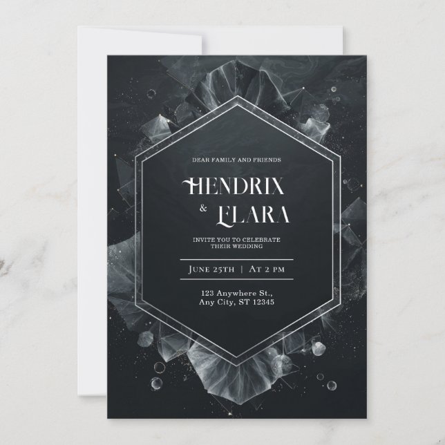 Convites Cristal Preto Prateado Hexágono Moderno Casamento (Frente)
